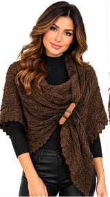 Fitolini Elegant Chocolate Brown Cropped Knit Shawl with Buckle