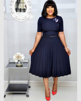 Modern Classic Midi Dress With Flared Skirt ,Round Neck Plus Size Dress Female Pleated Dress