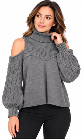 Fitolini Womenβs Cold Shoulder Chunky Knit Turtleneck Sweater β Grey
