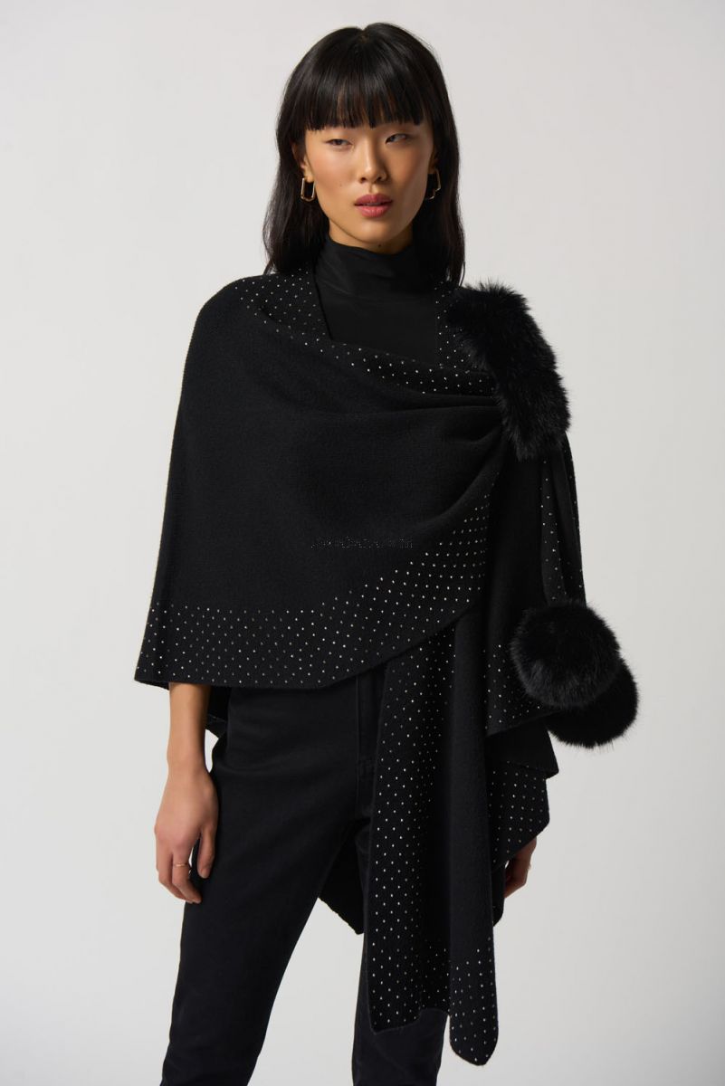 Joseph Ribkoff Black Faux Fur Pom Pom Cape # 233939 – Ziba