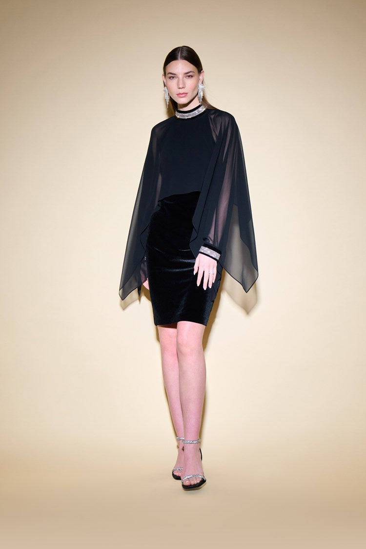 Joseph Ribkoff Velvet And Chiffon Dress With Cape And Rhinestone Collar # 234706