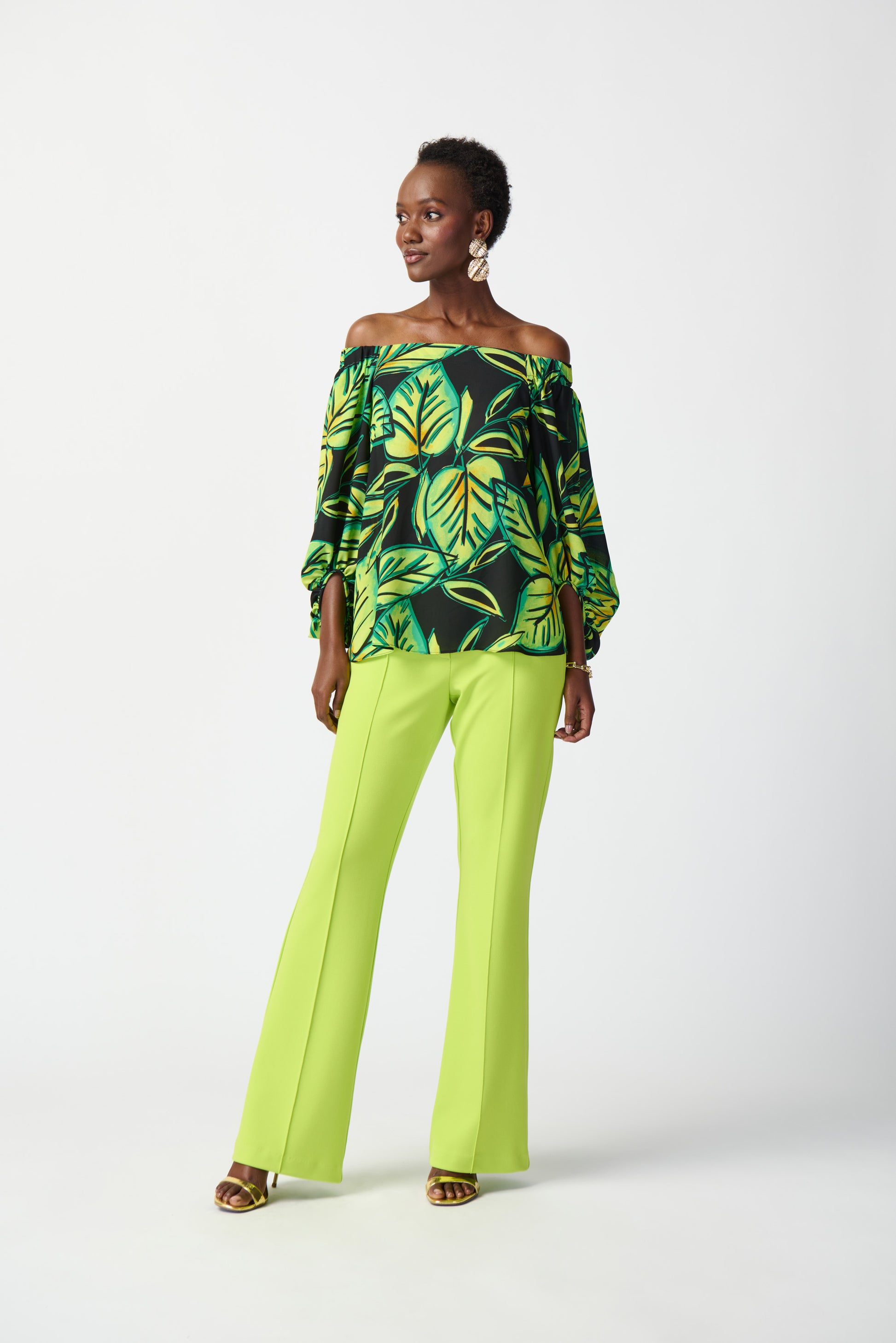 Leaf Printed Georgette Off-the-Shoulder Top - 241277