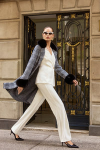 Feather Yarn Plaid Jacquard Coat with Faux Fur Trim