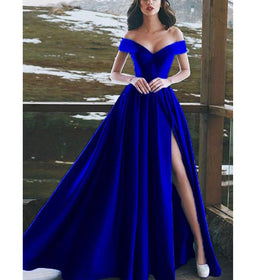 Luxury Royal Blue Off-Shoulder Evening Gown With High Slit , Elegant Prom & Formal Dress
