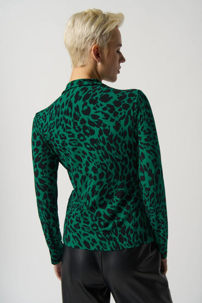 Joseph Ribkoff Black/Green Animal Print Mock Collar Top # 233256