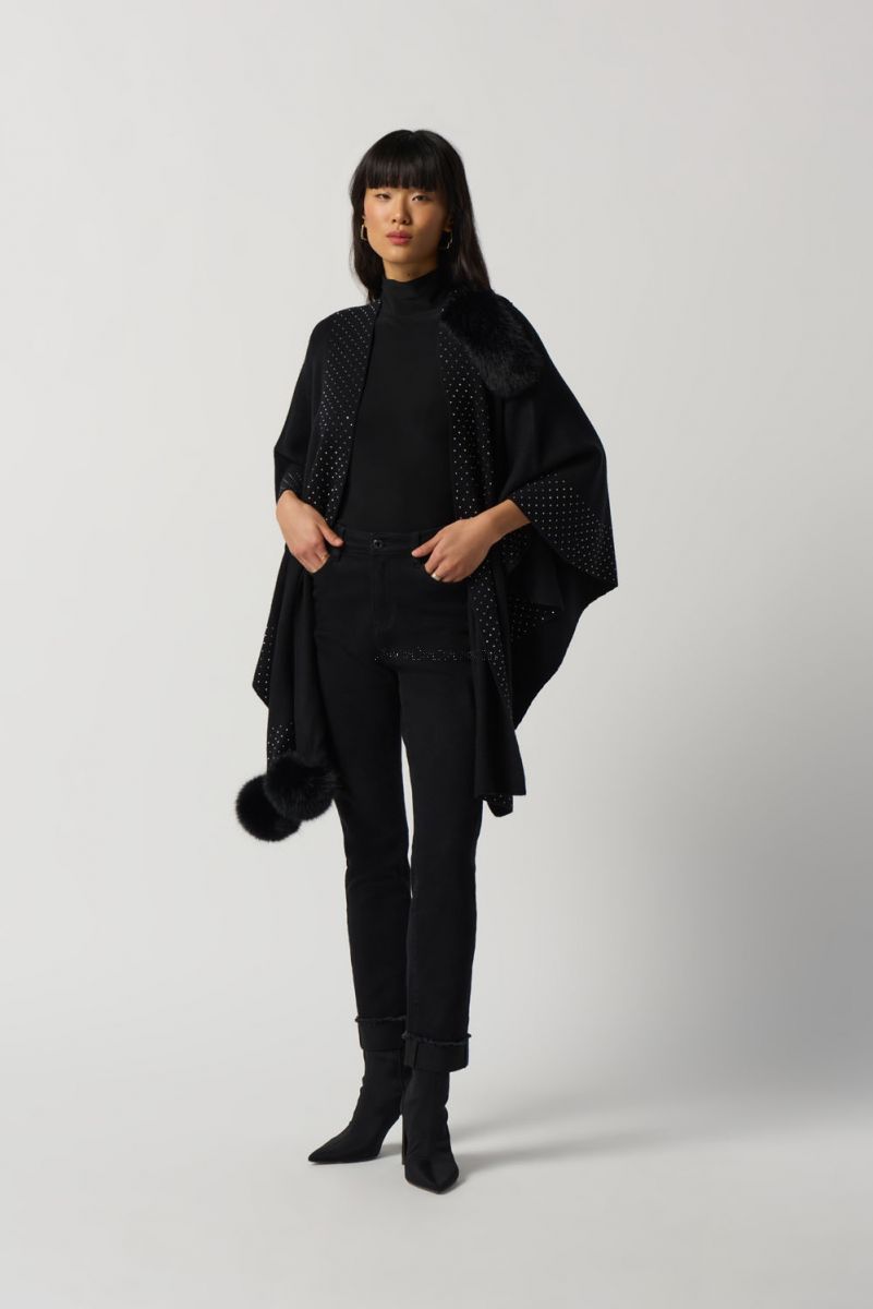 Joseph Ribkoff Black Faux Fur Pom Pom Cape # 233939 – Ziba Couture