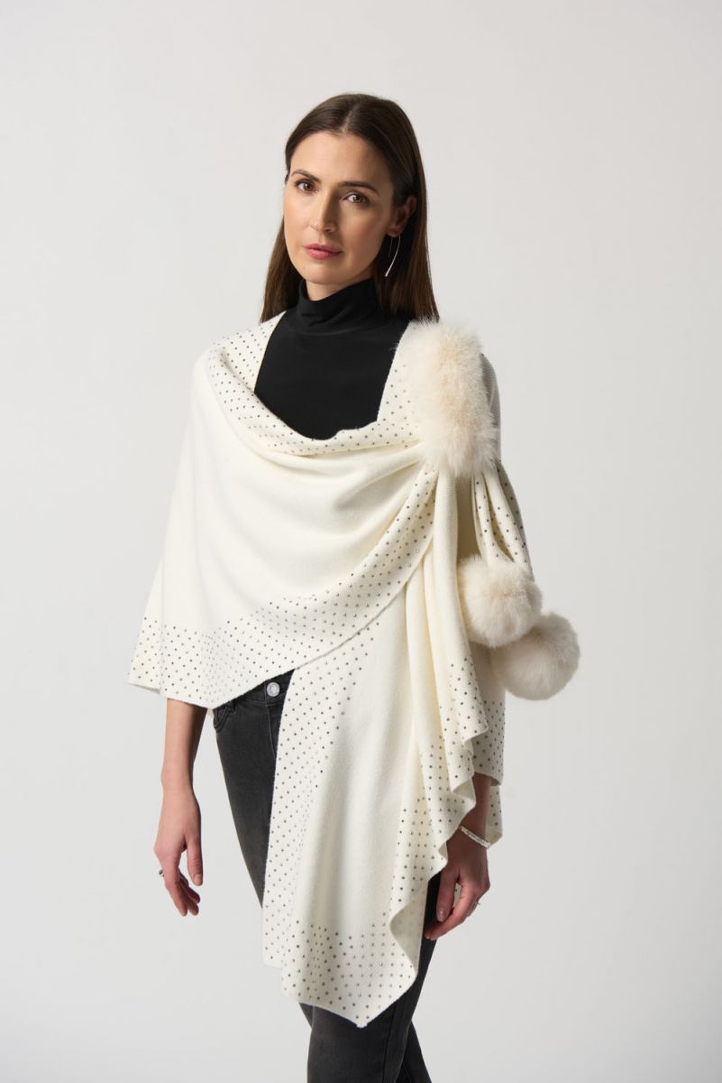 Joseph Ribkoff Winter White Faux Fur Pom Pom Cape # 233939