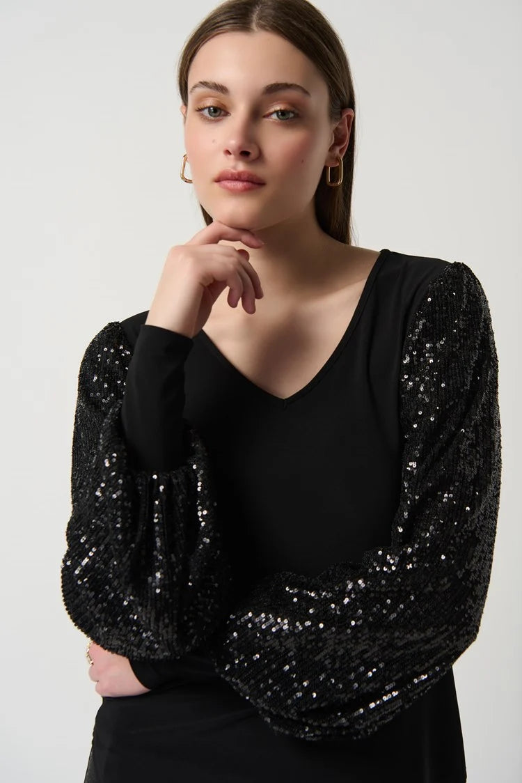 Joseph Ribkoff Silky Knit Sequins Puff Sleeve Top 234130 Ziba Couture