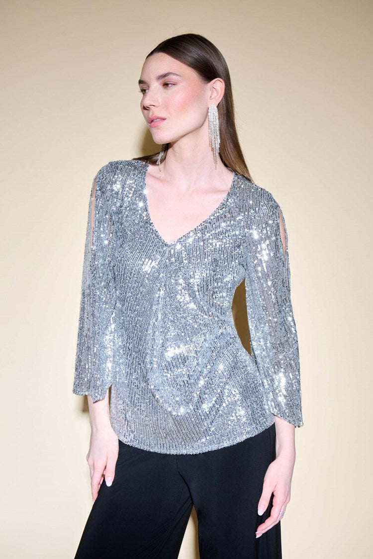 Joseph Ribkoff Sequin Bell Sleeve Flared Top # 234701