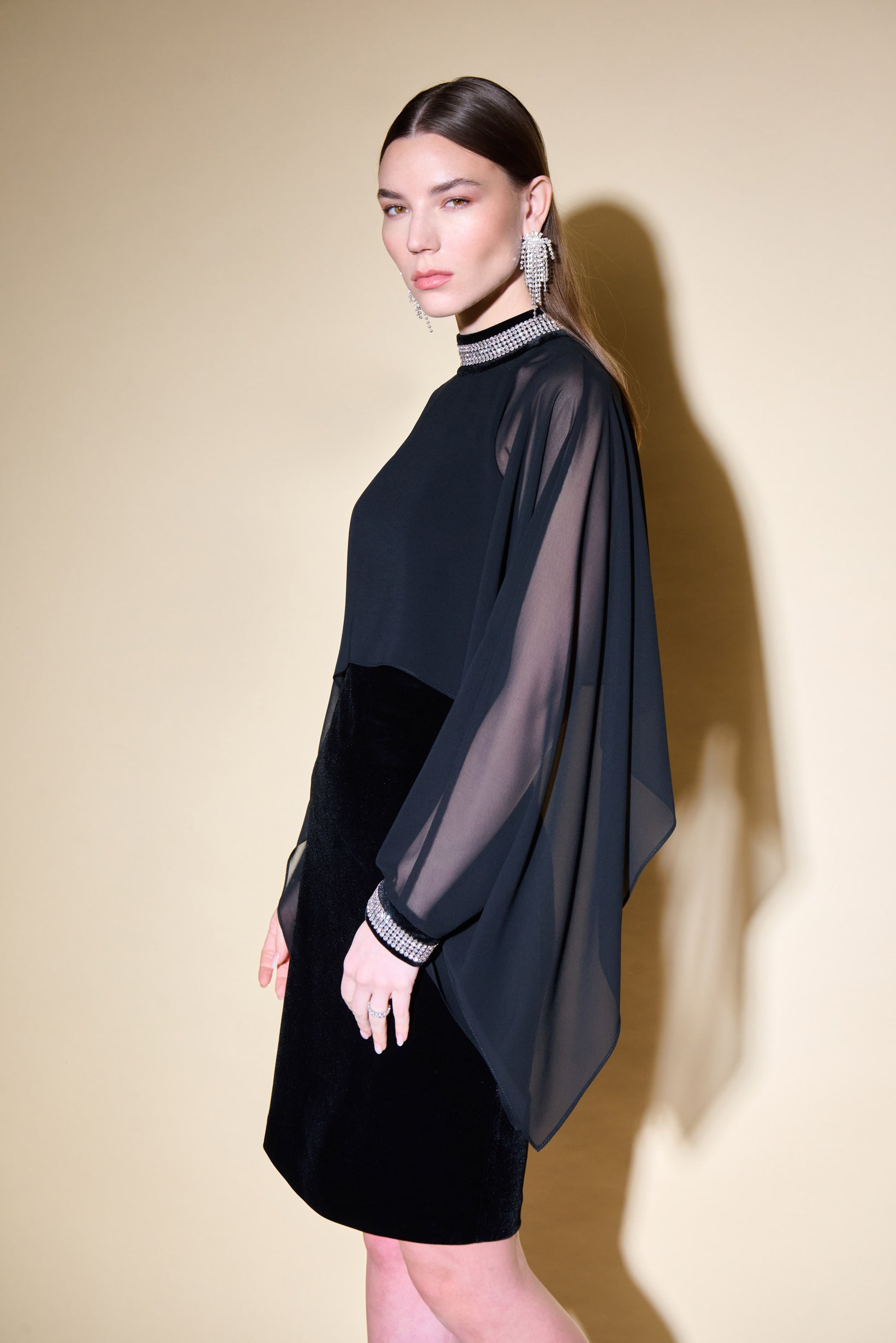 Joseph Ribkoff Velvet And Chiffon Dress With Cape And Rhinestone Collar # 234706