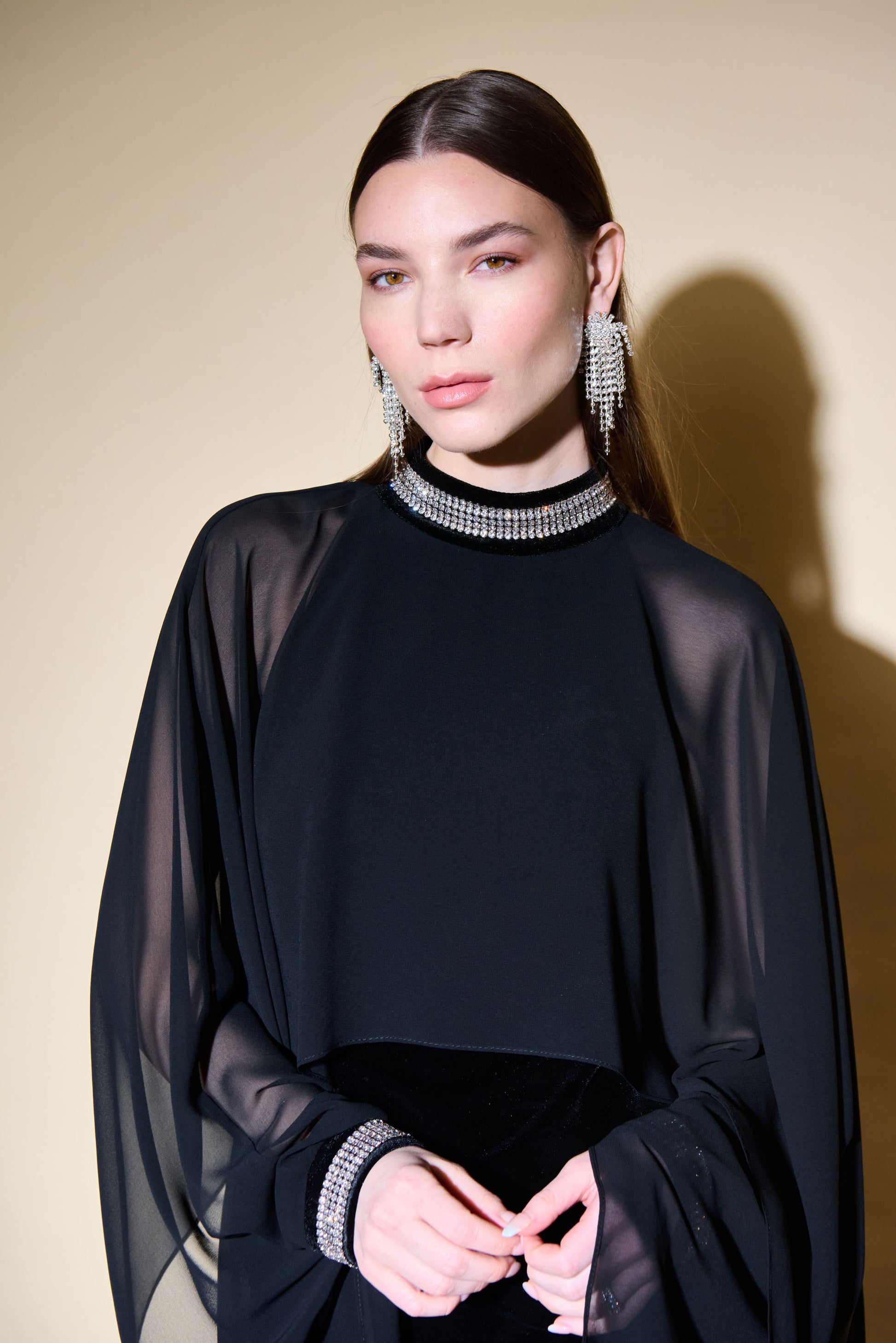 Joseph Ribkoff Velvet And Chiffon Dress With Cape And Rhinestone Collar # 234706