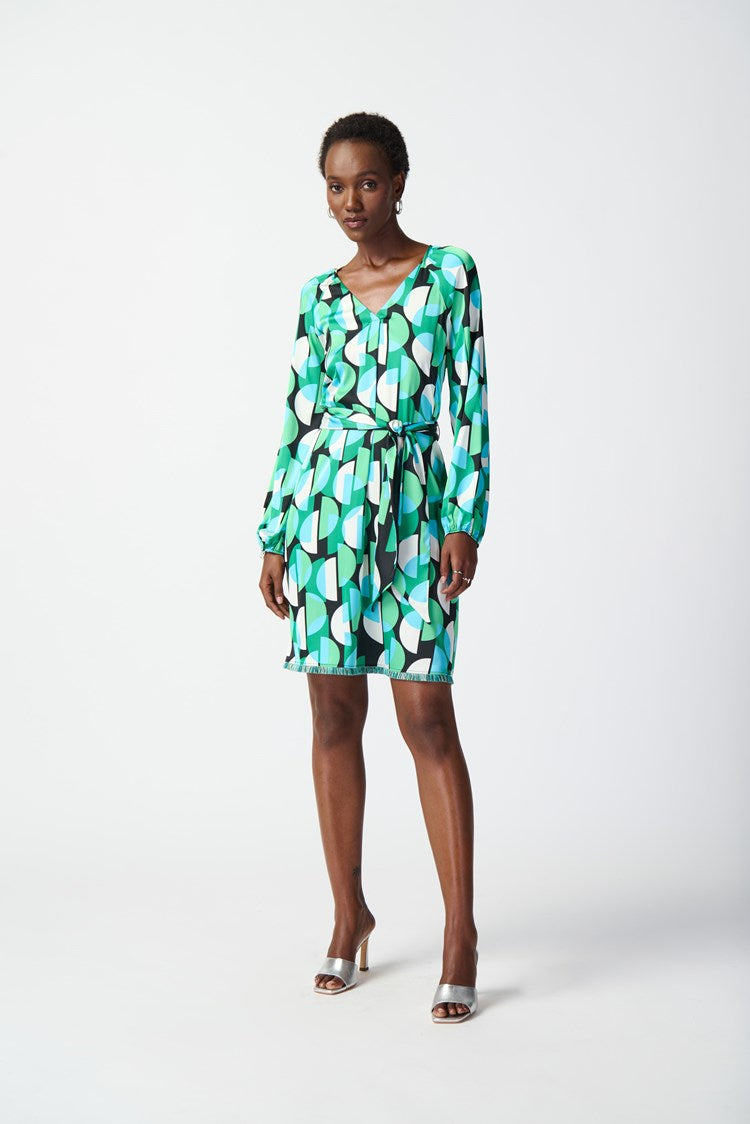 Joseph Ribkoff Geometric Print Satin Belted Dress #241162