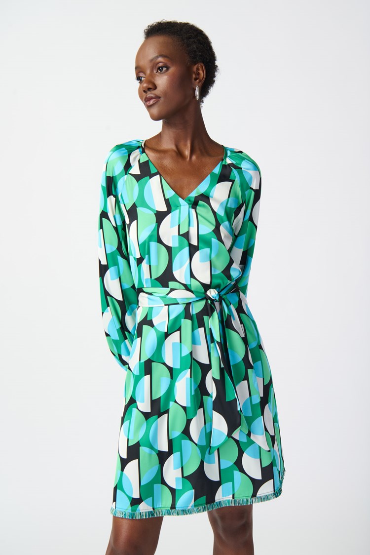 Joseph Ribkoff Geometric Print Satin Belted Dress #241162