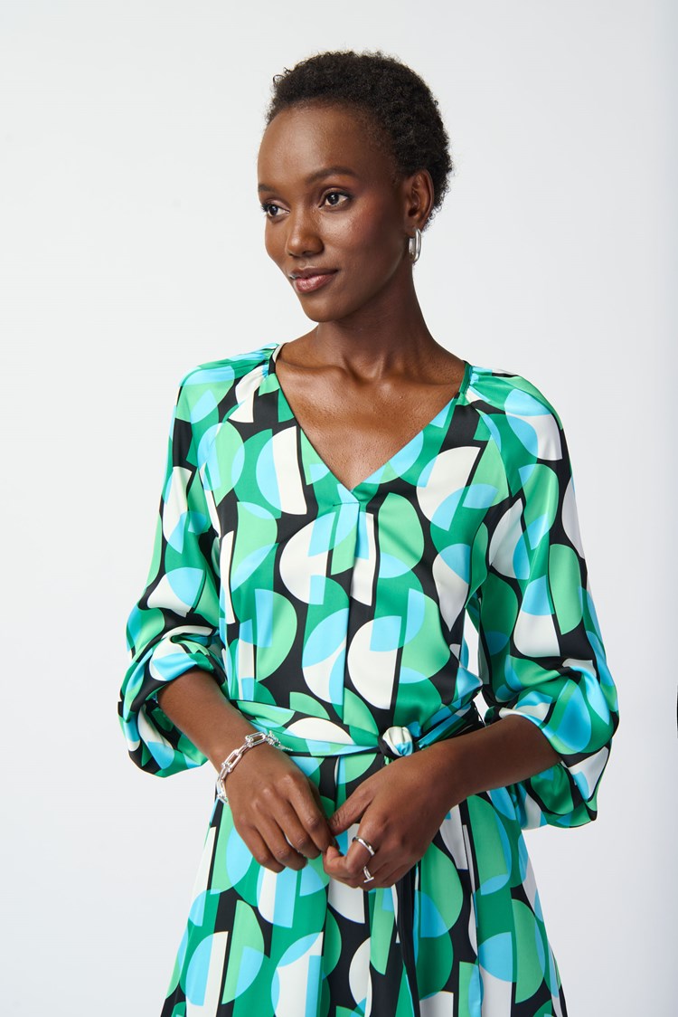 Joseph Ribkoff Geometric Print Satin Belted Dress #241162