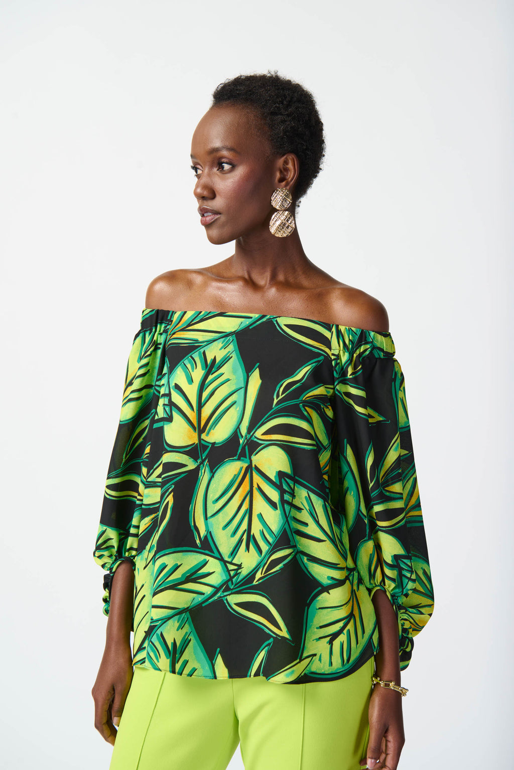 Leaf Printed Georgette Off-the-Shoulder Top - 241277