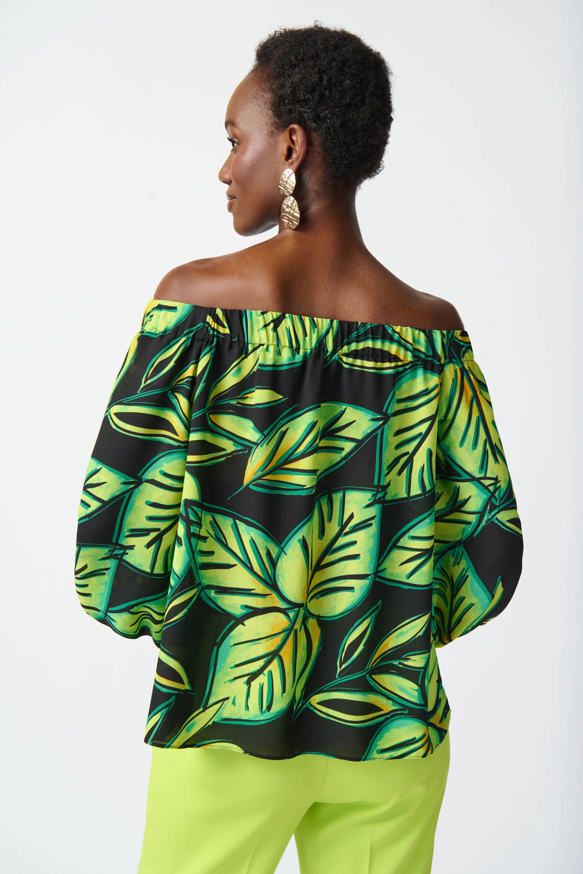Leaf Printed Georgette Off-the-Shoulder Top - 241277