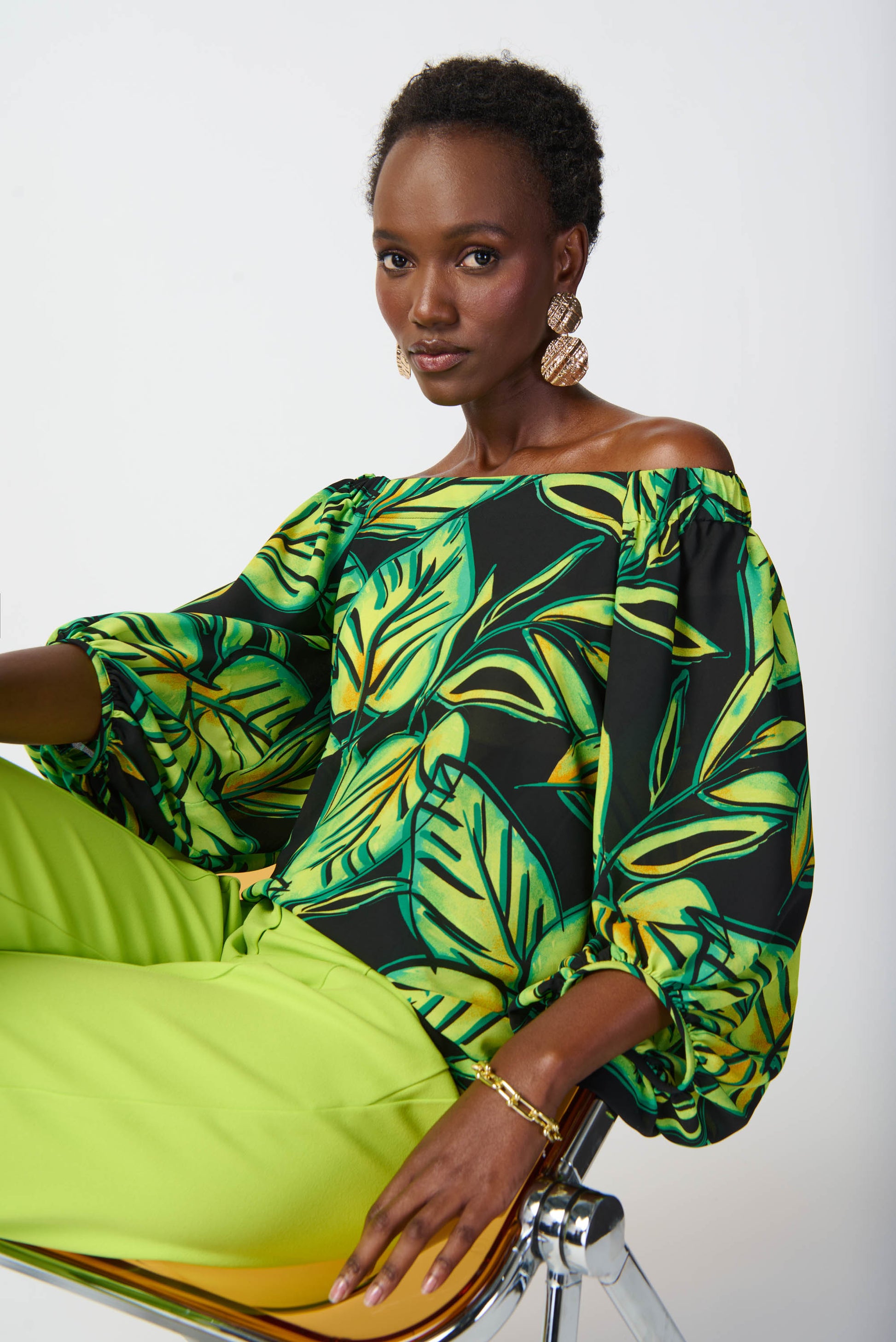 Leaf Printed Georgette Off-the-Shoulder Top - 241277