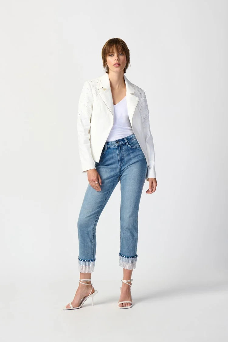 Joseph Ribkoff Studded Foiled Suede Jacket with Floral Appliqué # 241904