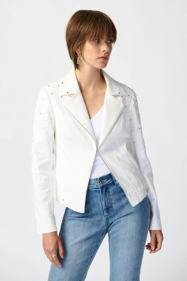Joseph Ribkoff Studded Foiled Suede Jacket with Floral Appliqué # 241904