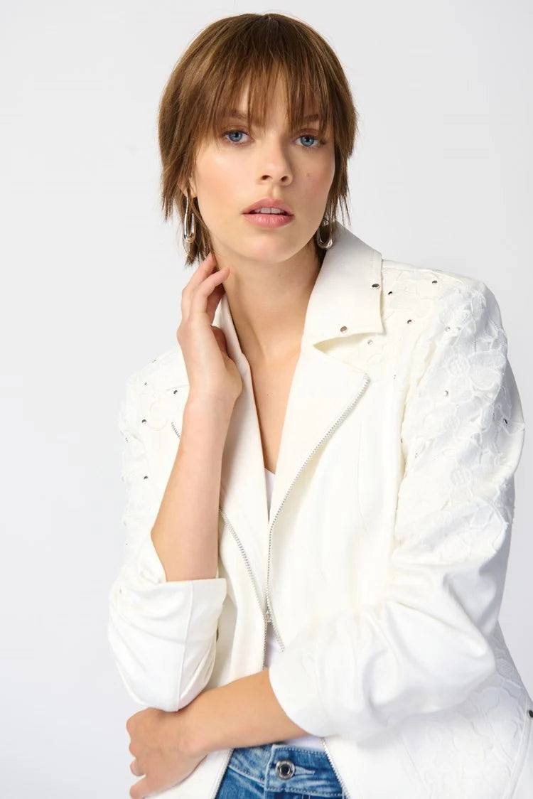Joseph Ribkoff Studded Foiled Suede Jacket with Floral Appliqué # 241904
