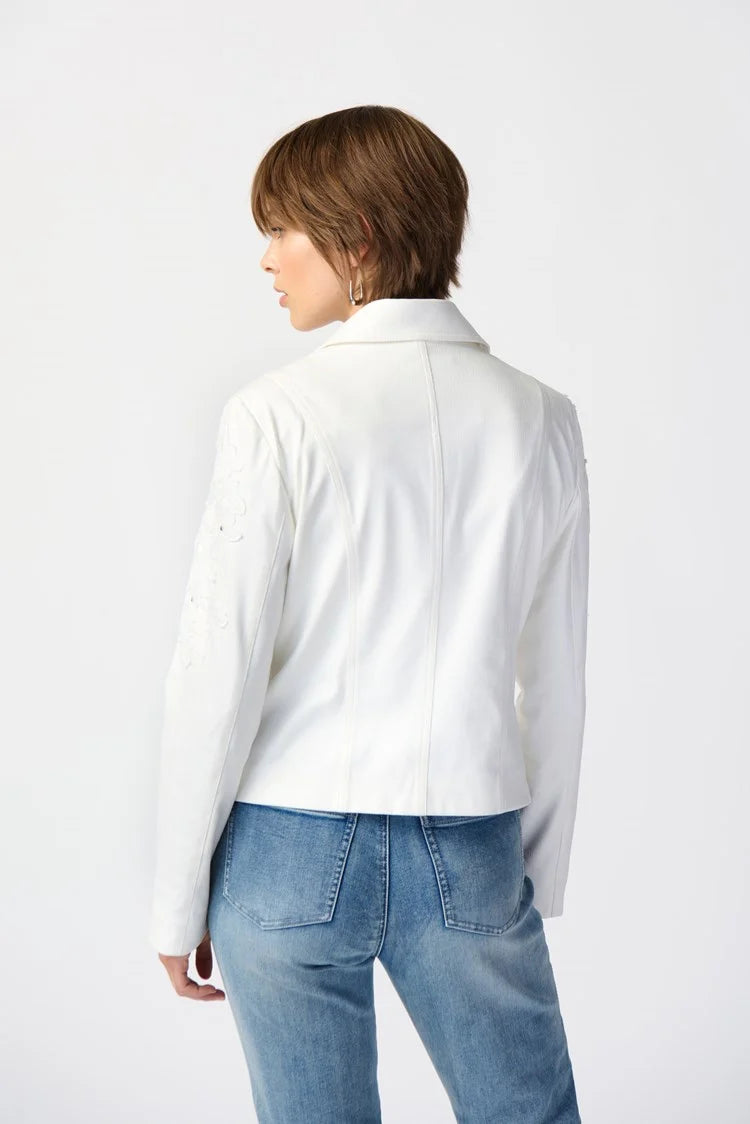 Joseph Ribkoff Studded Foiled Suede Jacket with Floral Appliqué # 241904
