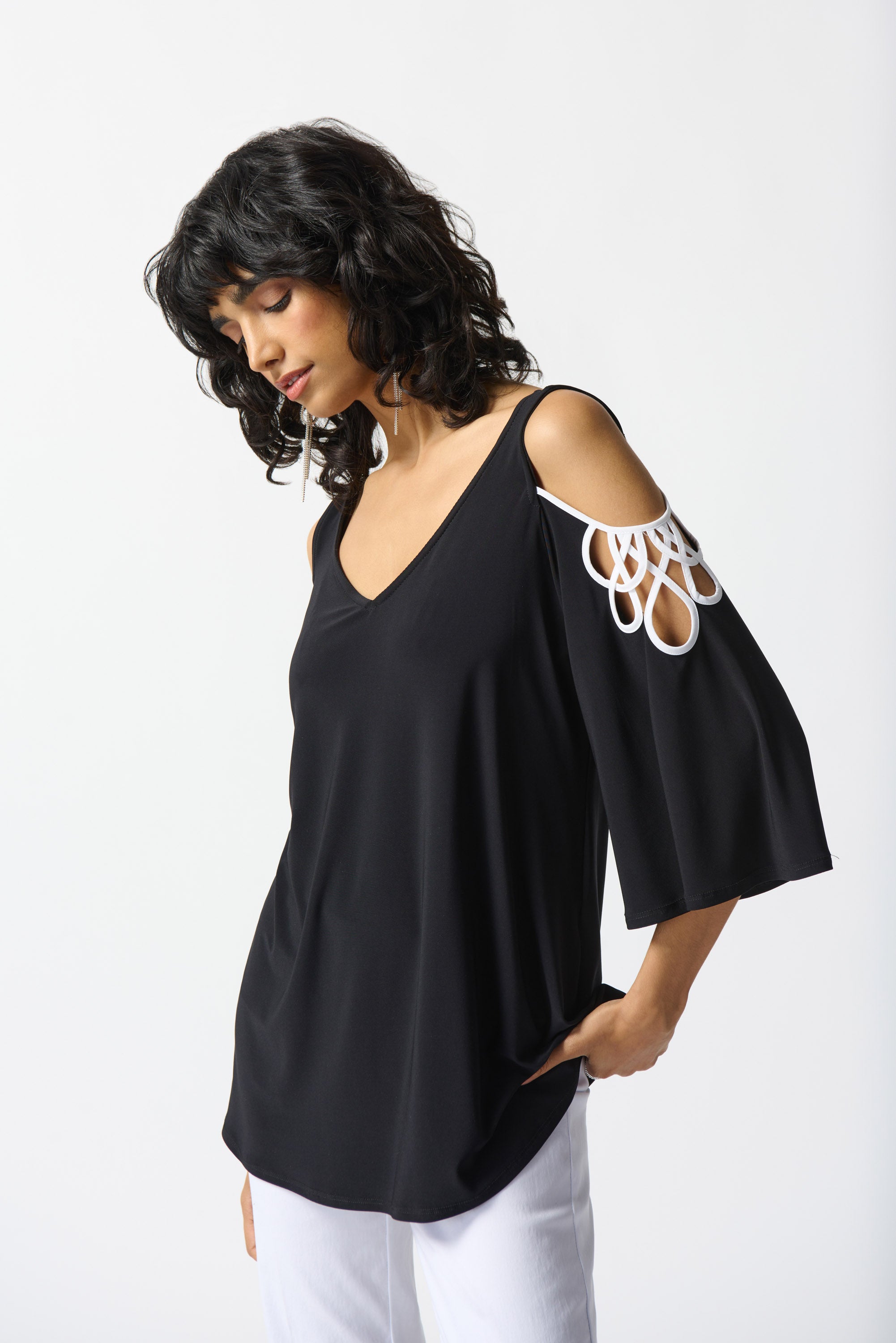 Joseph Ribkoff Silky Knit Cold Shoulder A-Line Top #242017