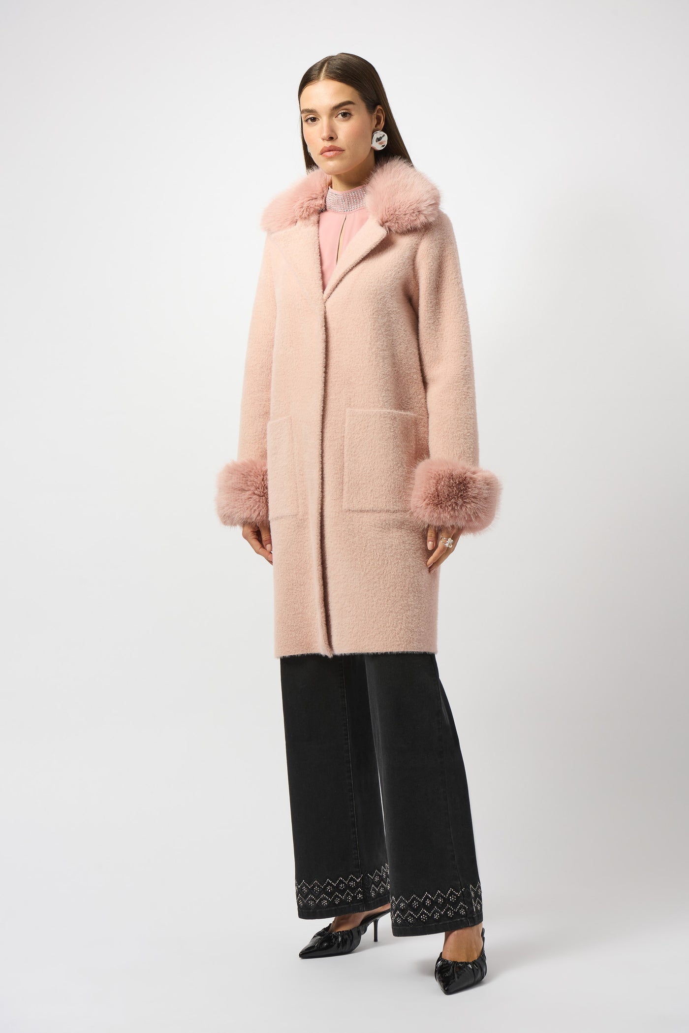 Feather Yarn and Faux Fur Sweater Coat #243923F25