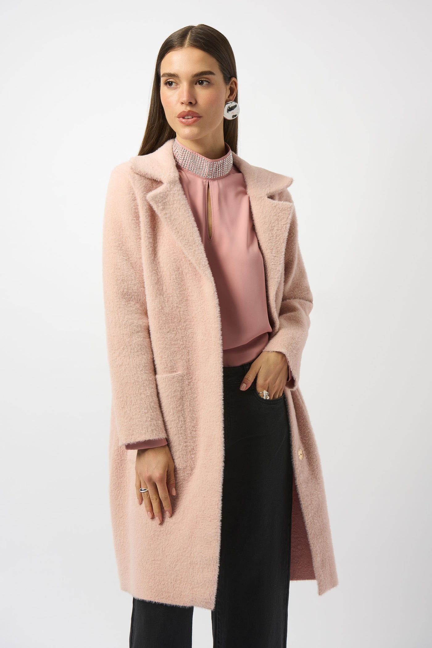 Feather Yarn and Faux Fur Sweater Coat #243923F25