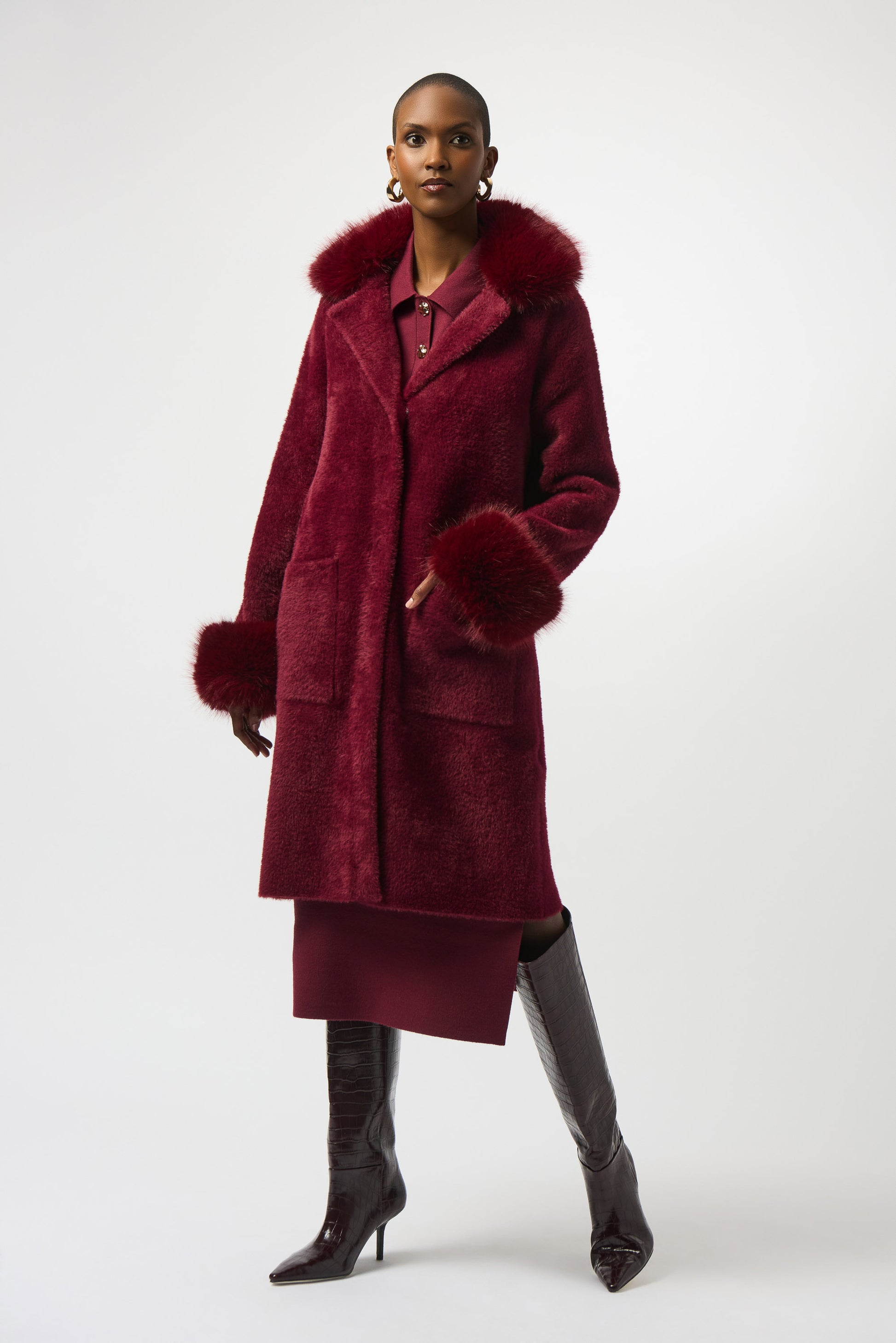 Feather Yarn and Faux Fur Sweater Coat #243923F25