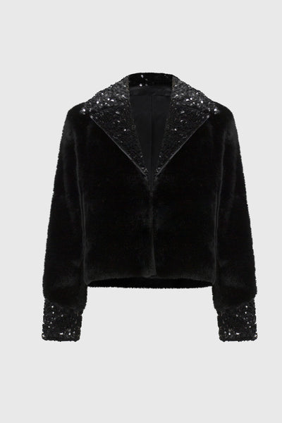 Faux Fur Jacket with Sequins Trim