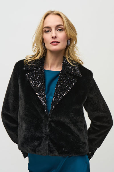 Faux Fur Jacket with Sequins Trim