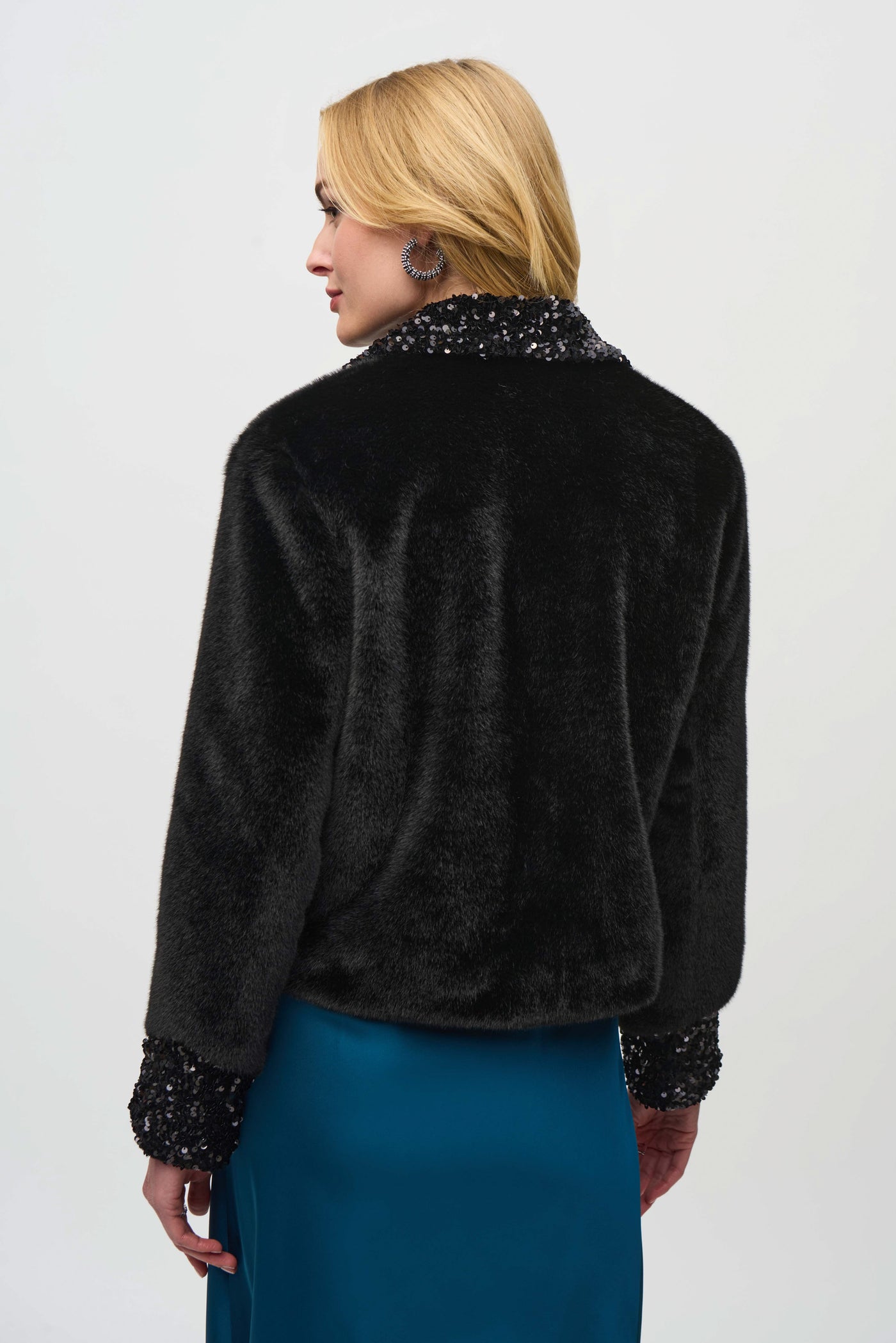 Faux Fur Jacket with Sequins Trim