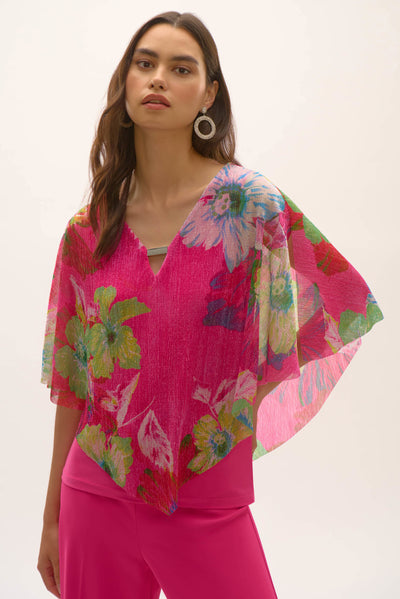 Joseph Ribkoff Signature | Metallic Pleated Knit Floral Print Poncho Top #252720