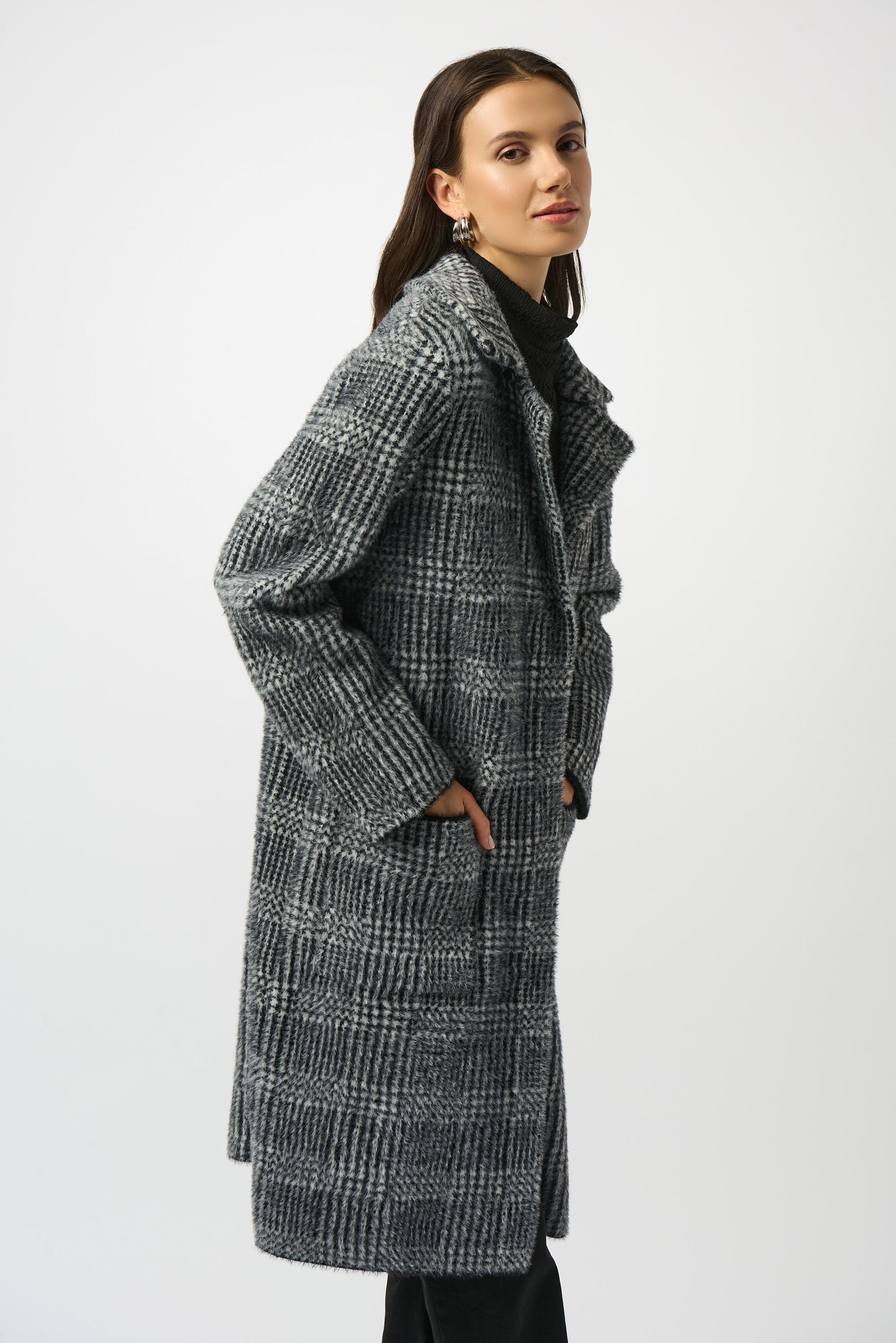 Feather Yarn Plaid Jacquard Coat with Faux Fur Trim