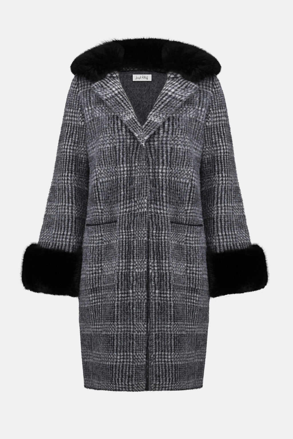 Feather Yarn Plaid Jacquard Coat with Faux Fur Trim