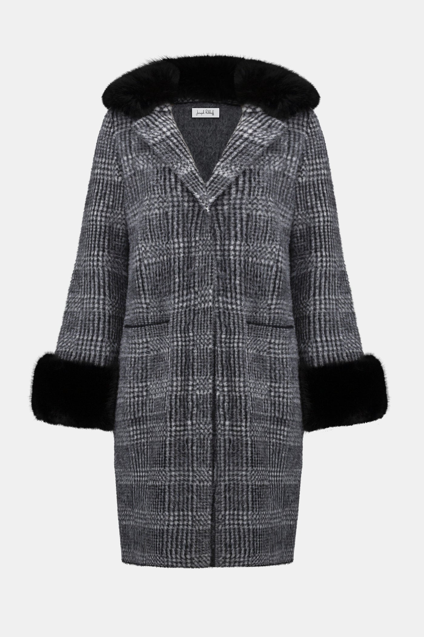 Feather Yarn Plaid Jacquard Coat with Faux Fur Trim