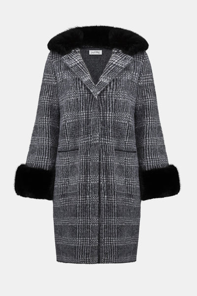Feather Yarn Plaid Jacquard Coat with Faux Fur Trim