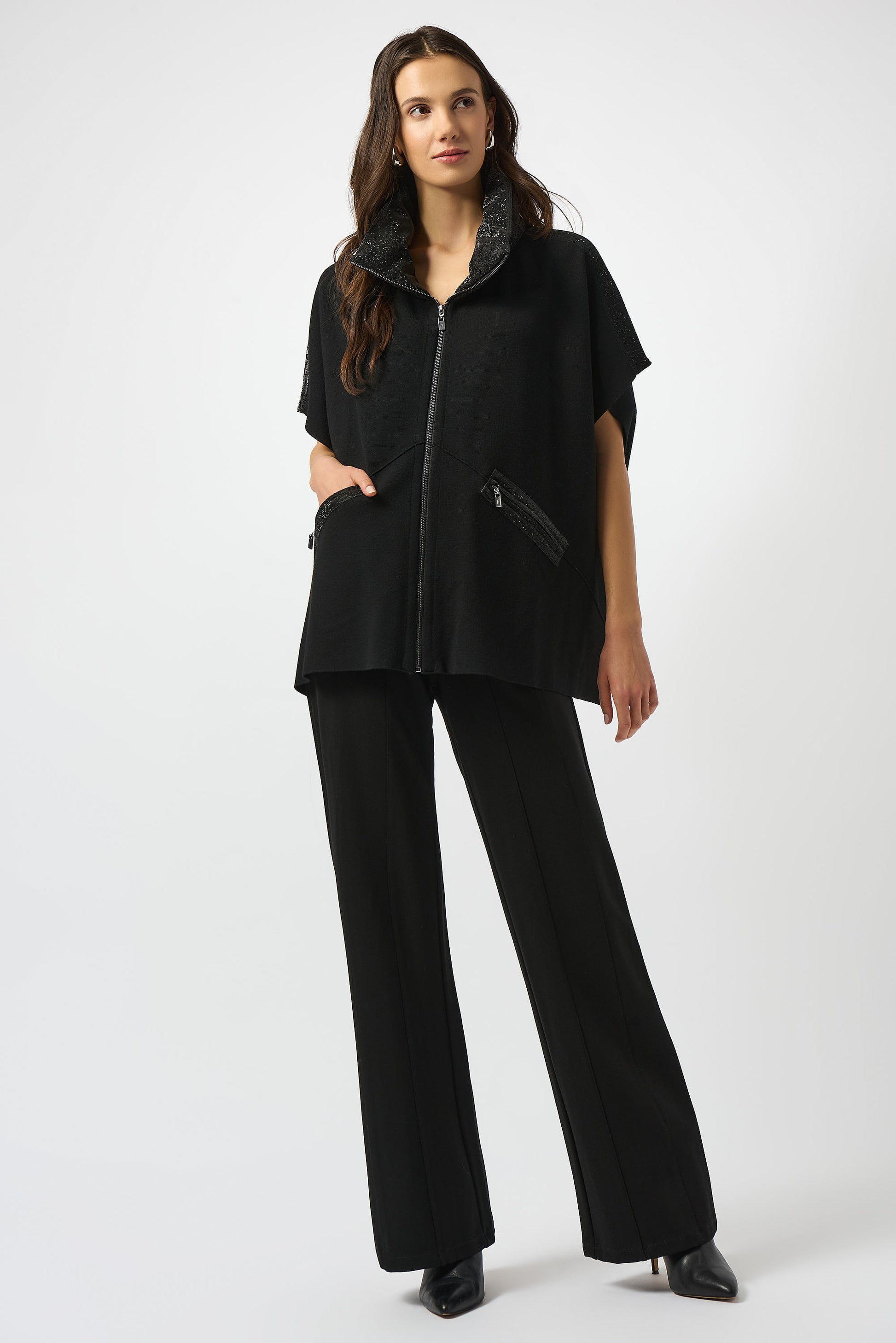 Faux Leather Free Size Trimmed Poncho Sleeve Jacket #253998