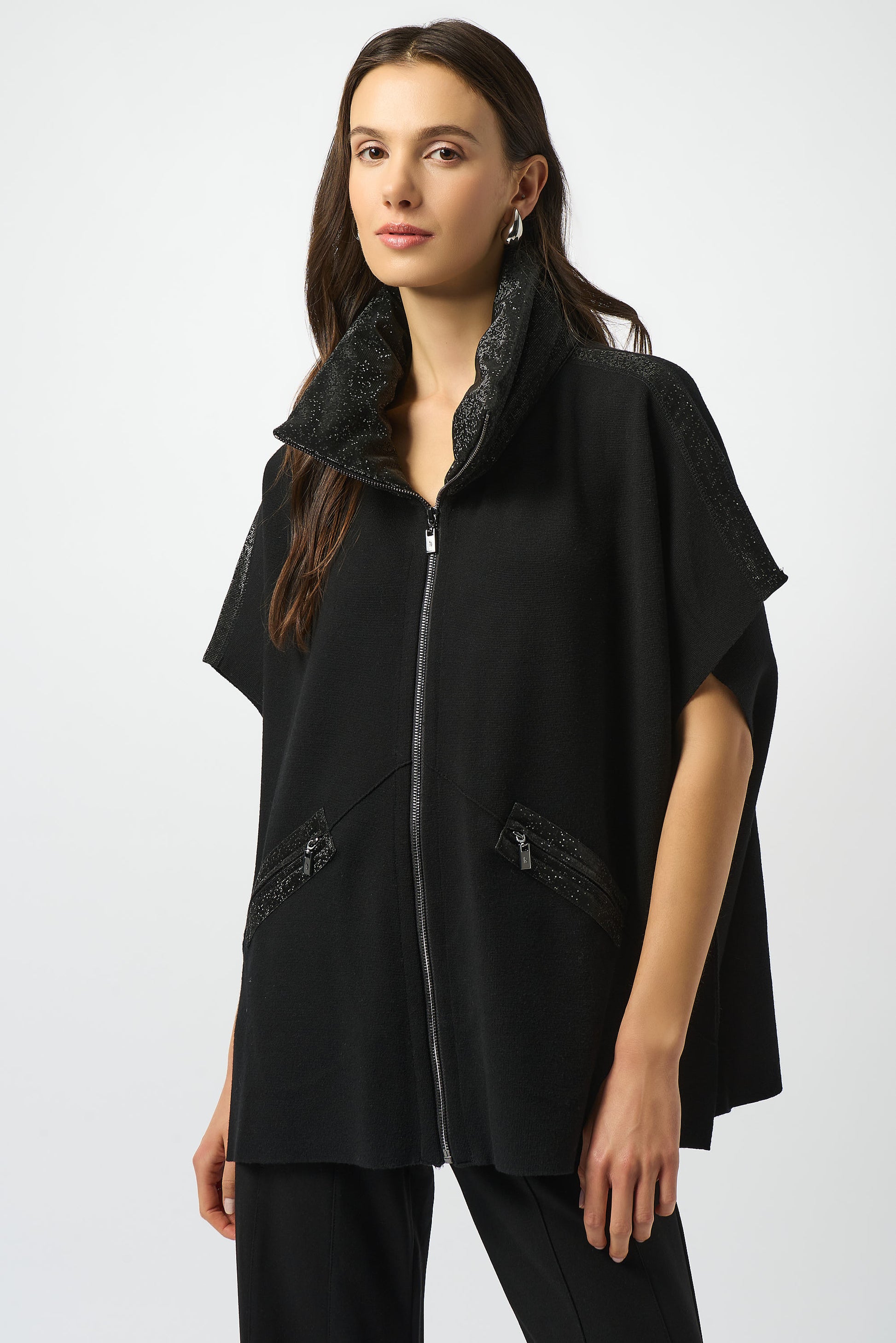 Faux Leather Free Size Trimmed Poncho Sleeve Jacket #253998