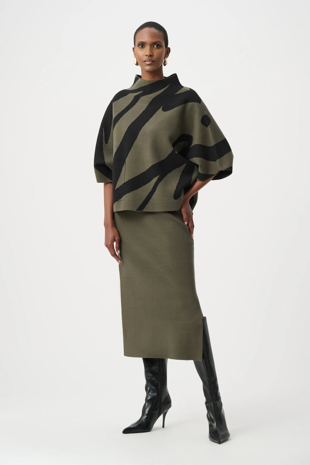 Abstract Jacquard Funnel-Neck Boxy Sweater #263936 – Ziba Couture