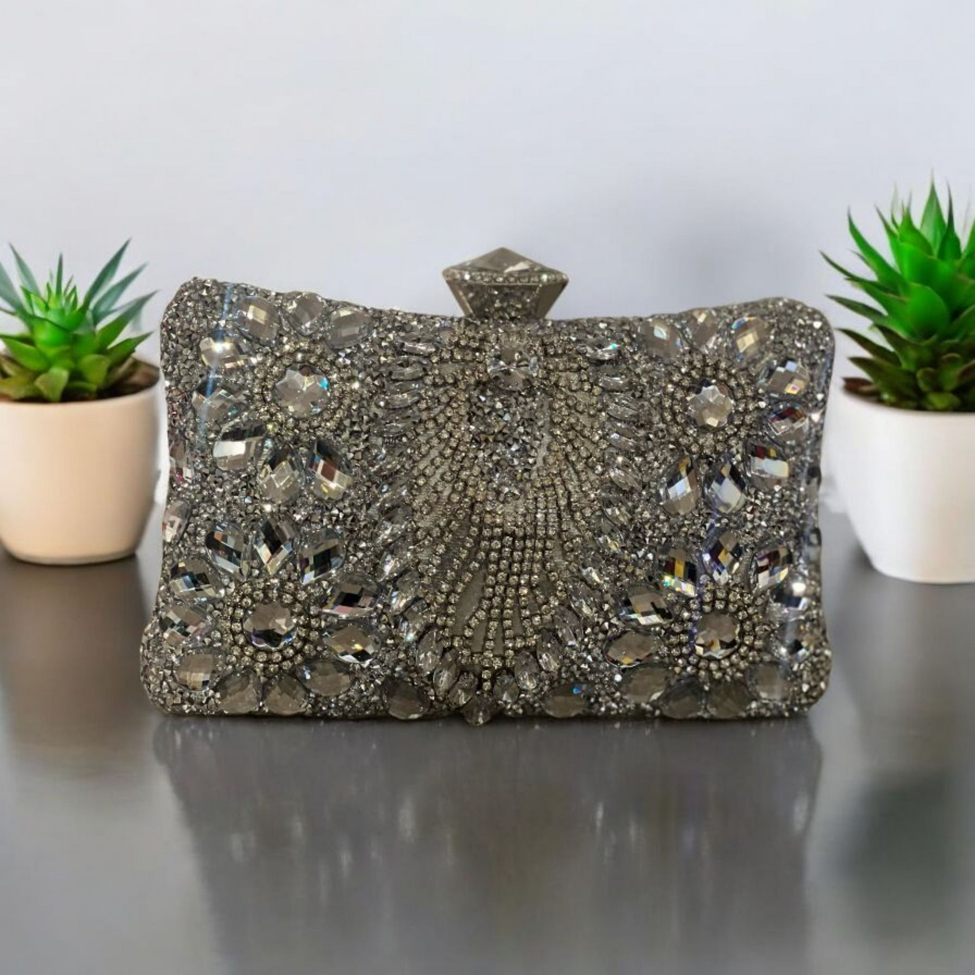 Silver White Stones Clutch for Formal Occassions