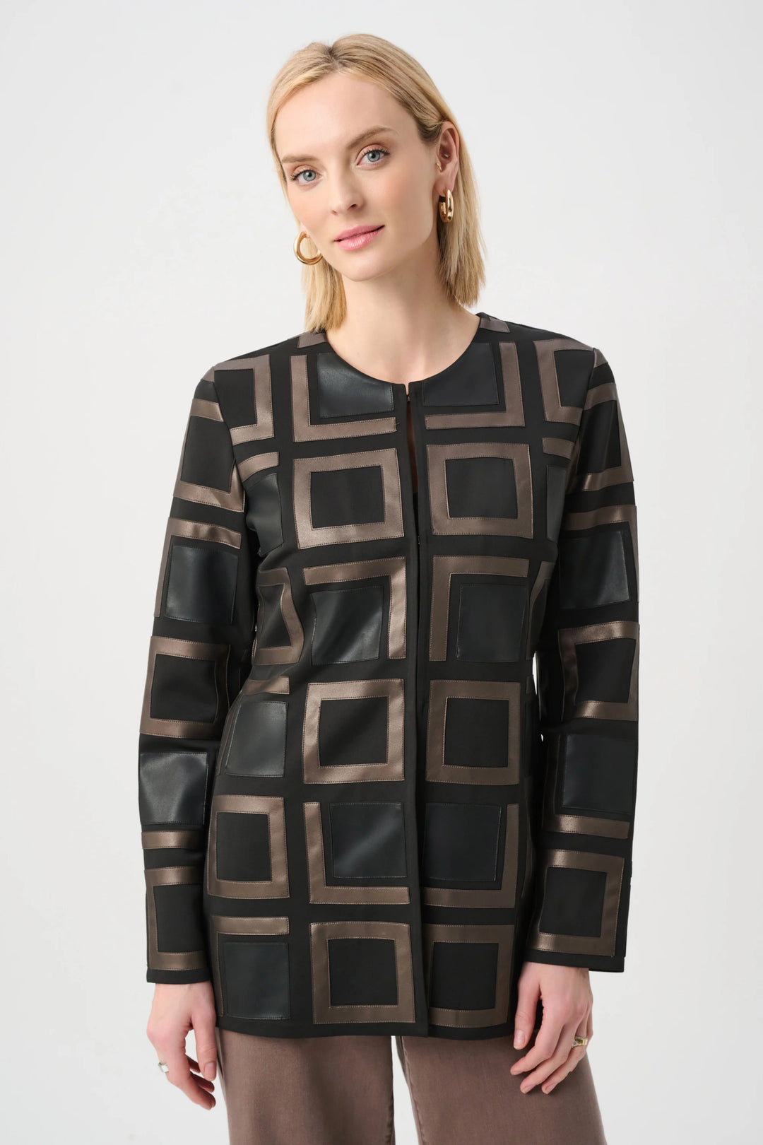 Leatherette and Scuba Collarless Two-Tone Jacket #263963 – Ziba